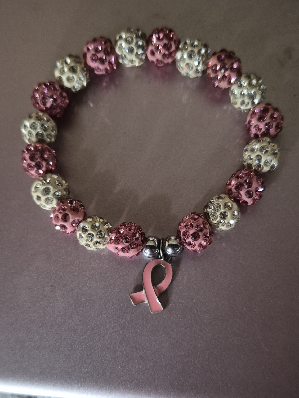 Pink & White Crystal Bead Breast Cancer Awareness Stretch Bracelet